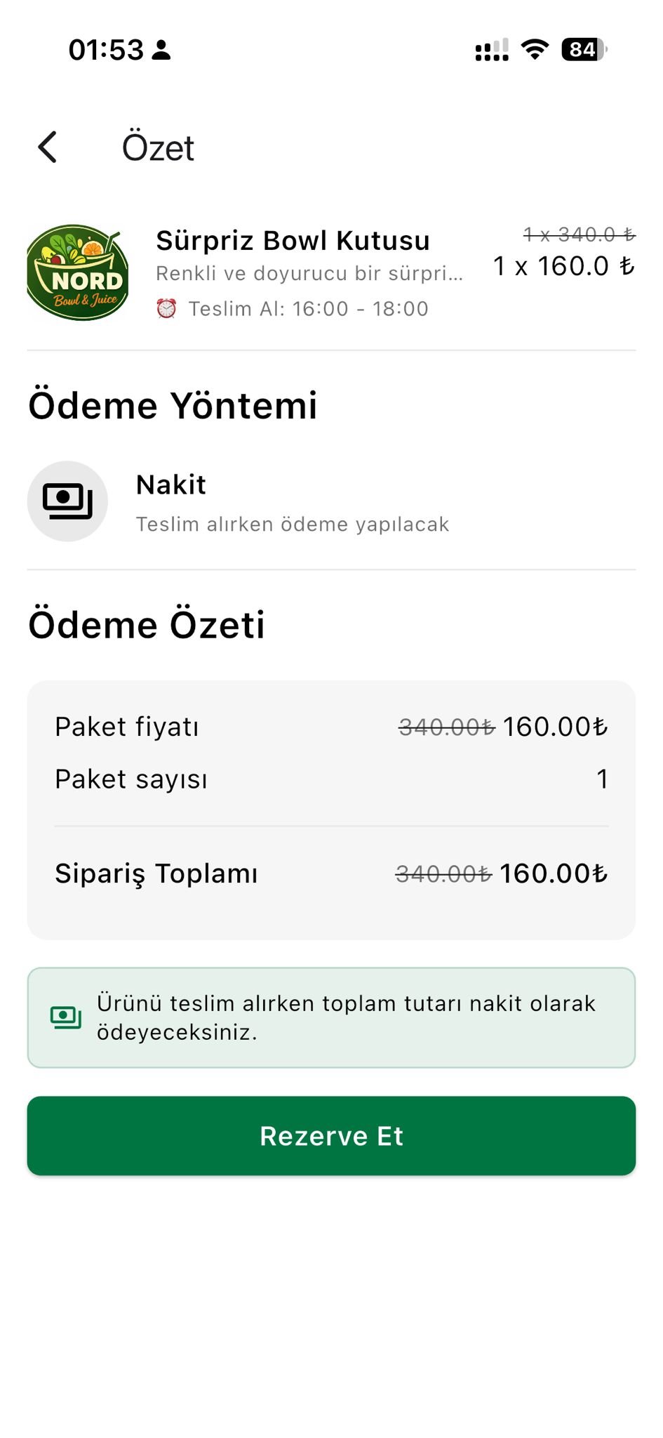 Yeniro uygulama ekranı — Sipariş
